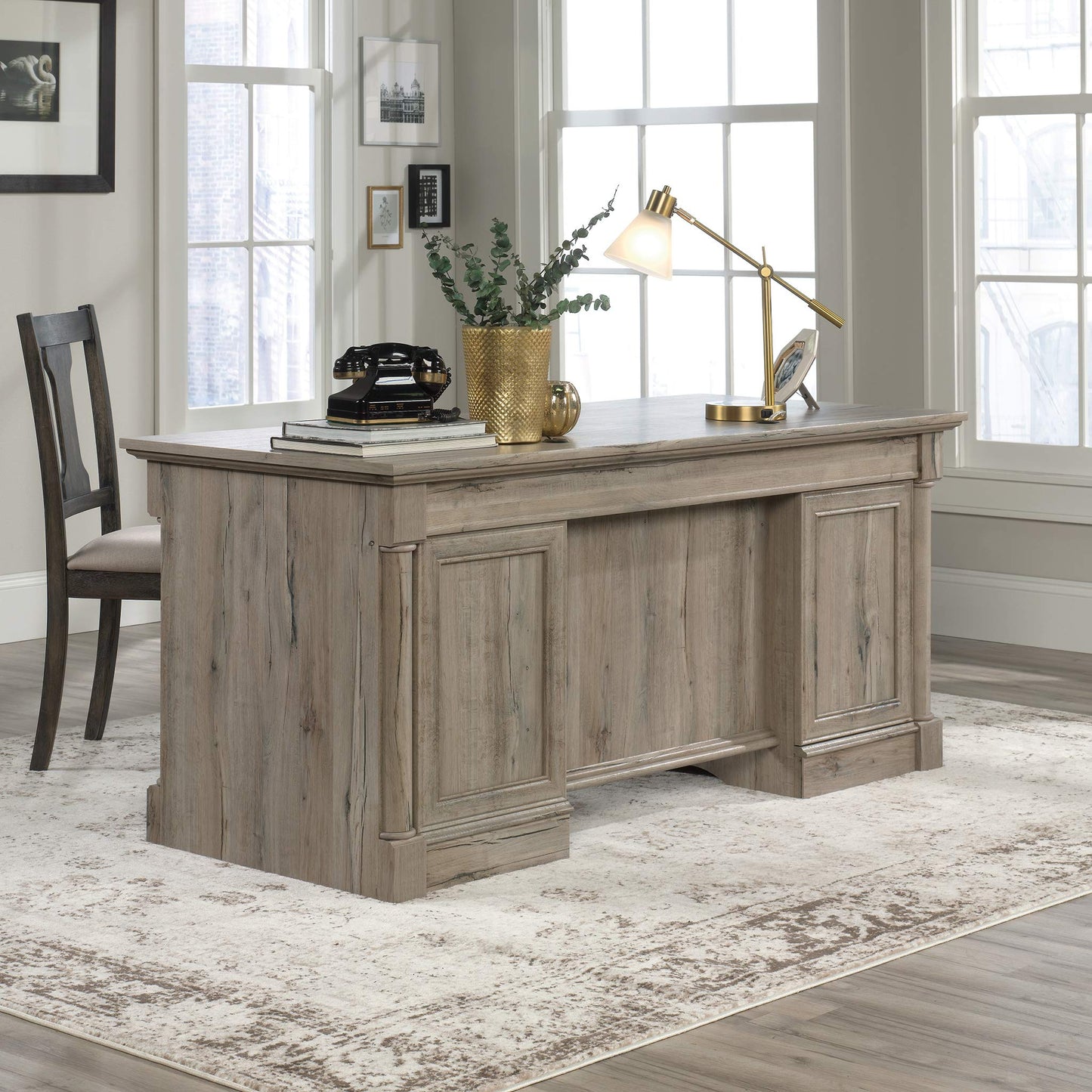 Sauder Palladia Office Desk with Drawers, Executive Desk with File Cabinet Storage, Cable Management, Keyboard Tray, in Split Oak Finish