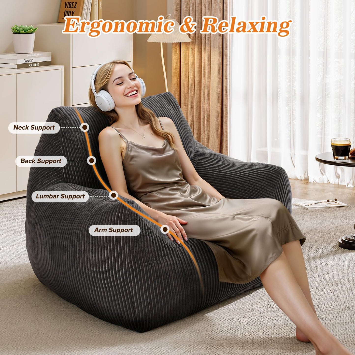 Vellorise Big Bean Bag Chair for Adults, Ultra Soft Living Room Bean Bag with Armrests & Ottoman, Stuffed BeanBag Chair for Napping, Gaming, Vacuum-Compressed for Easy Gifting, 48h to Expand Dark Gray