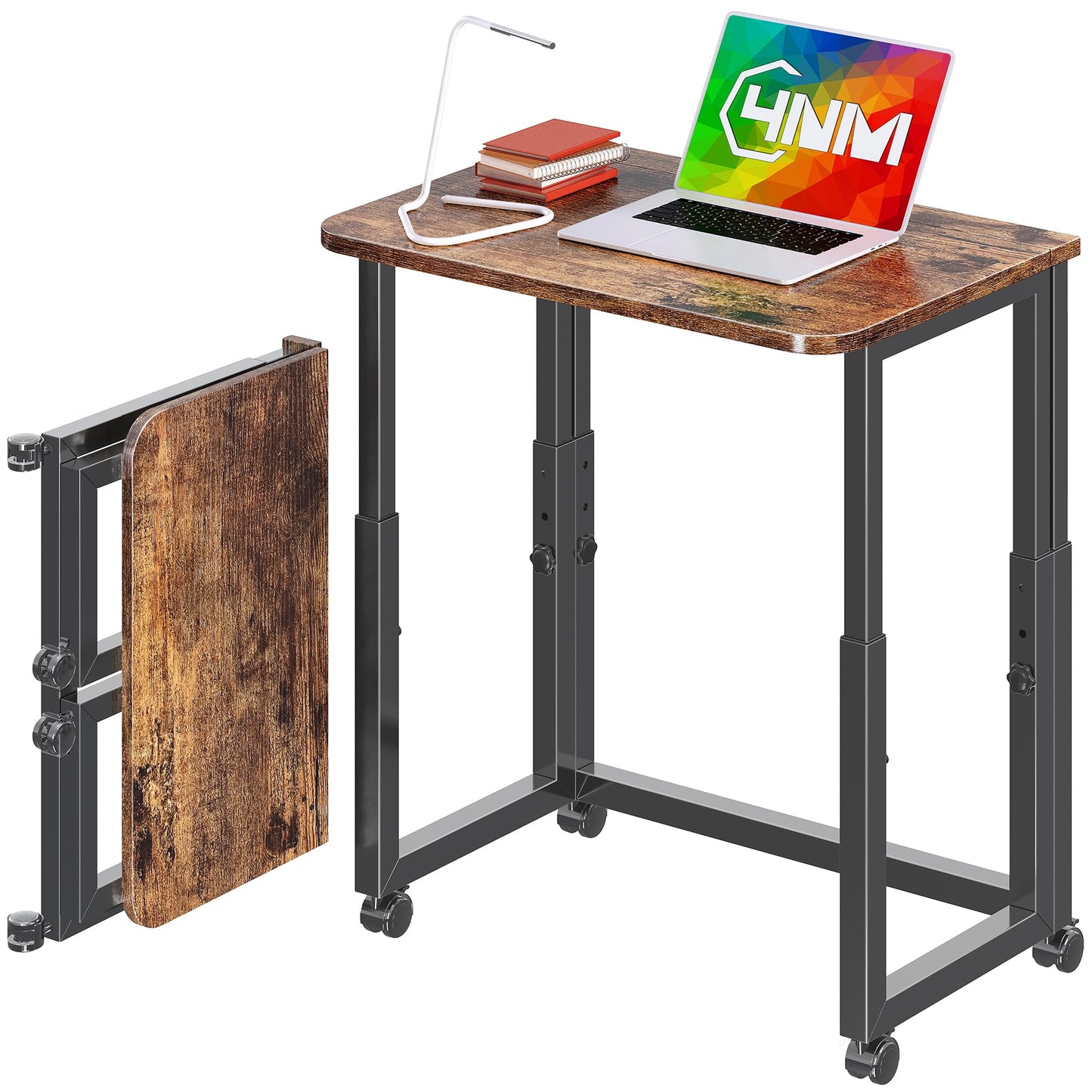4NM No Tool Assembly 23.6" Small Desk, Folding Portable Desk with Wheels, Adjustable Height Foldable Computer Home Office Desks, Collapsible Study Writing Table for Space Saving Bedroom - Rustic Brown