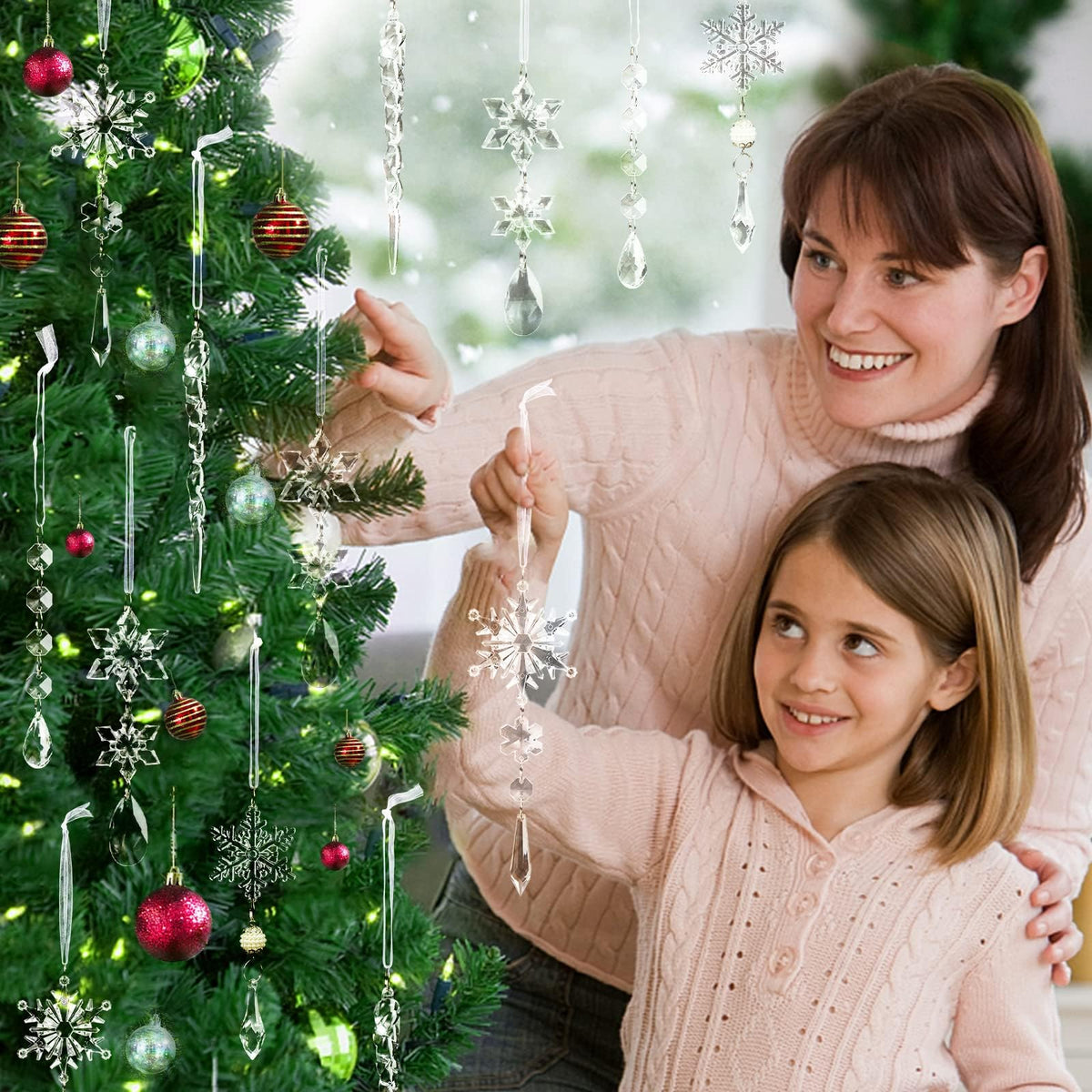18pcs Christmas Tree Decoration Crystal Ornaments - Hanging Acrylic Christmas Snowflake Icicle Drop Crystal Ornaments for Xmas Tree Winter New Year Party Supplies