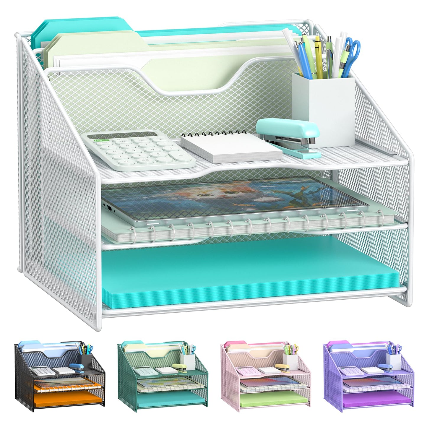 Samstar White Desk File Organizer, Mesh Letter File Folder Holder with 3 Paper Trays and 2 Vertical Upright Section, for Office Supplies, Desk Accessories & Workspace, White