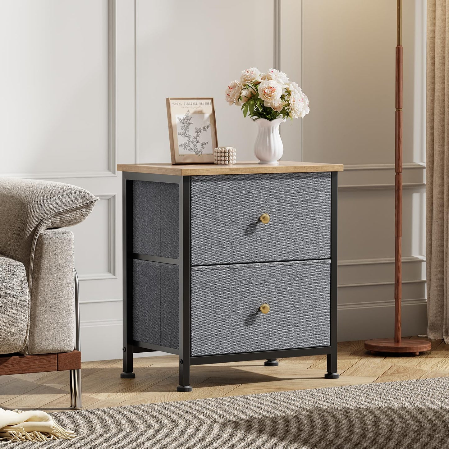 DUMOS Nightstand, Bedside Table for Bedroom, Small Dresser, 2 Fabric Drawer