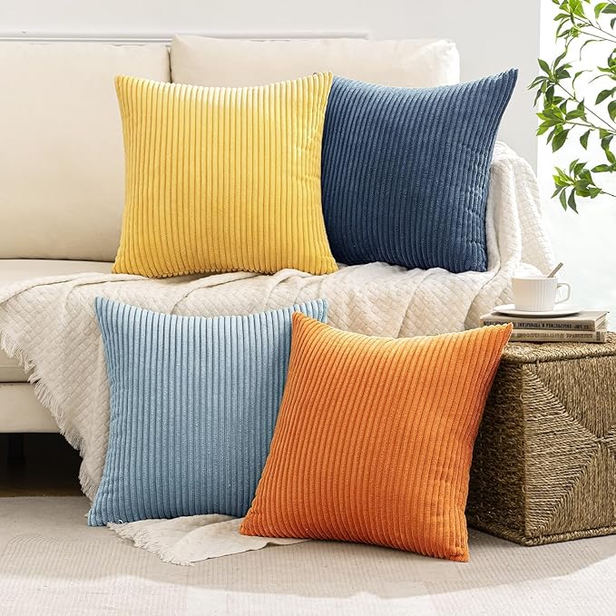 MIULEE Pack of 4 Blue-Orange Corduroy Decorative Throw Pillow Covers 20x20 Inch