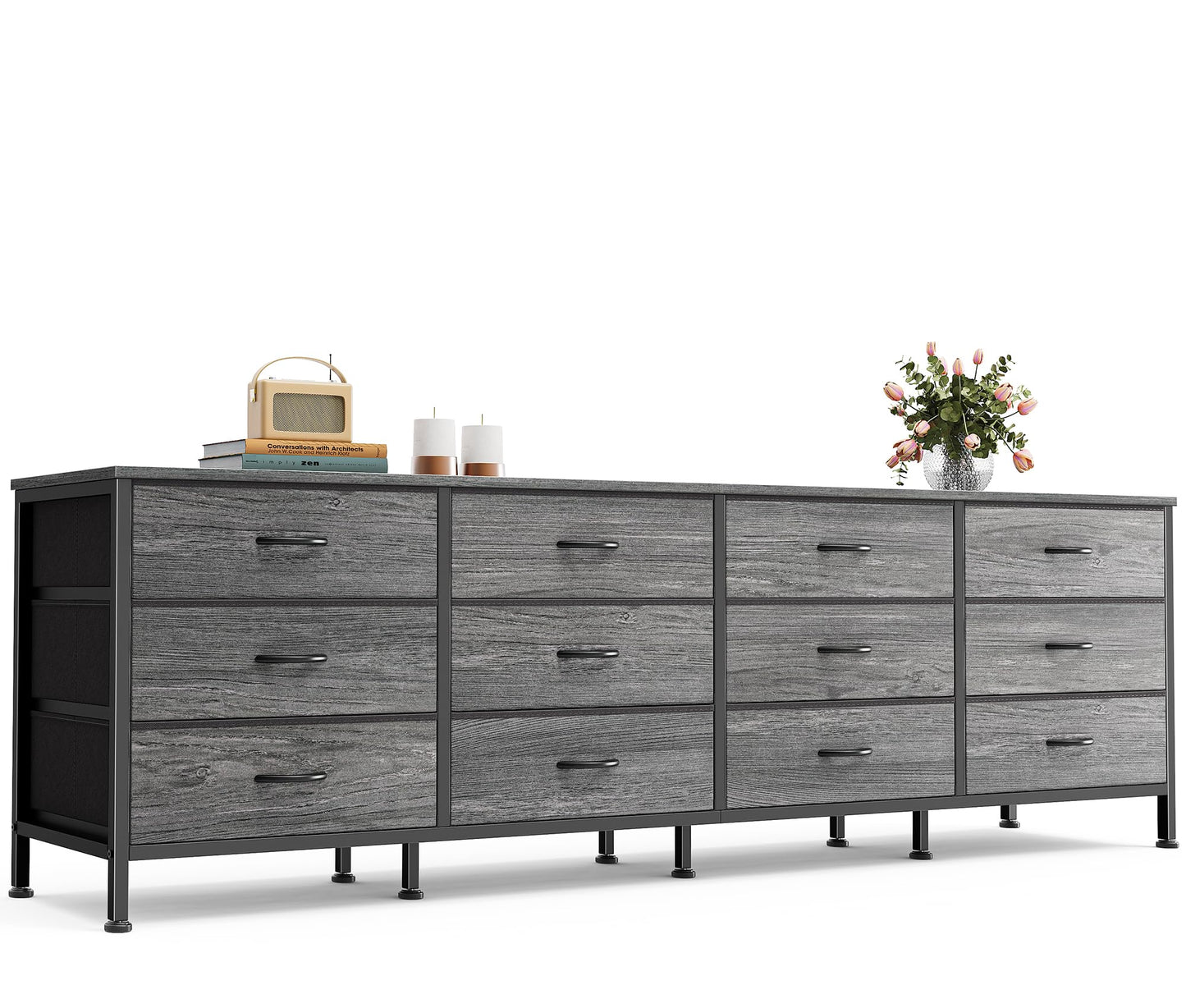 Huuger 70 Inch Dresser for Bedroom, TV Stand for 65, 75, 80 Inch TV, 12 Fabric Drawer Long Dresser, Large Storage Organizer Unit, Wide Chest of Drawer with Storage, for Living Room, Grey
