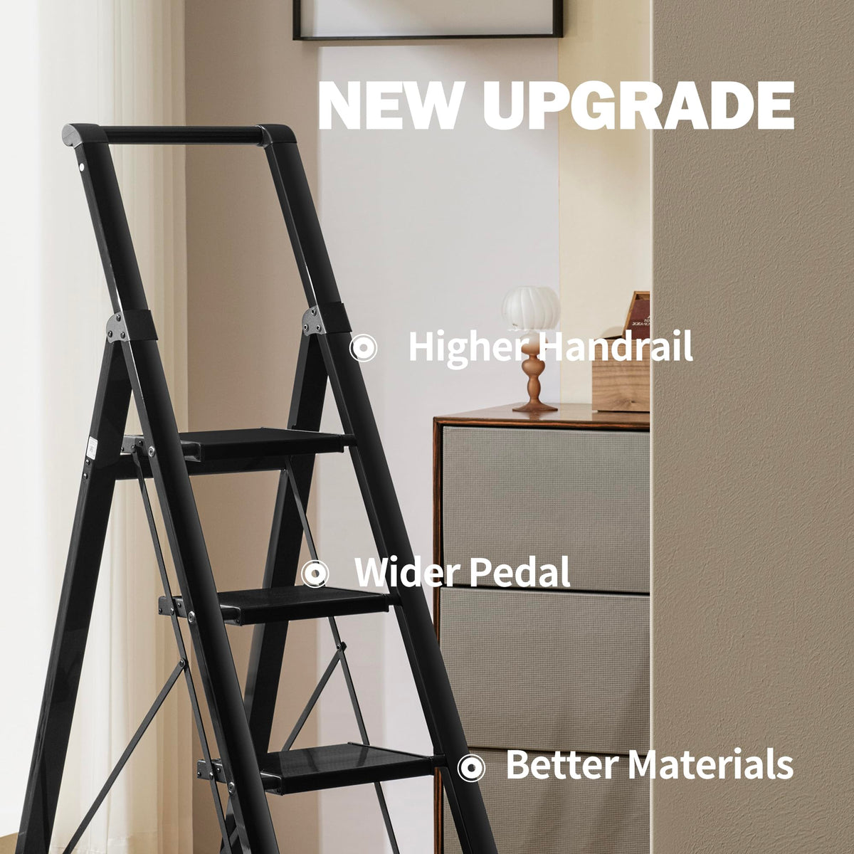 Taranta 4 Step Ladder,Liahtweight Aluminum Laddewith Handgrip, Portable Folding Stepladder with Anti-SlipPedalfor Home, Ofice, Kitchen 330lbs - Black