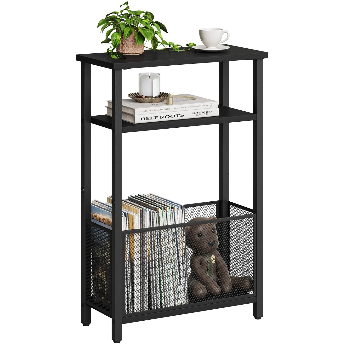 MMEOLUOOK Narrow Side Table with Storage Basket Skinny End Tables for Smalls Spaces 3 Tier Sofa Table Small Nightstand Slim Bedside Table for Living Room Bedroom Black MLBZ22B