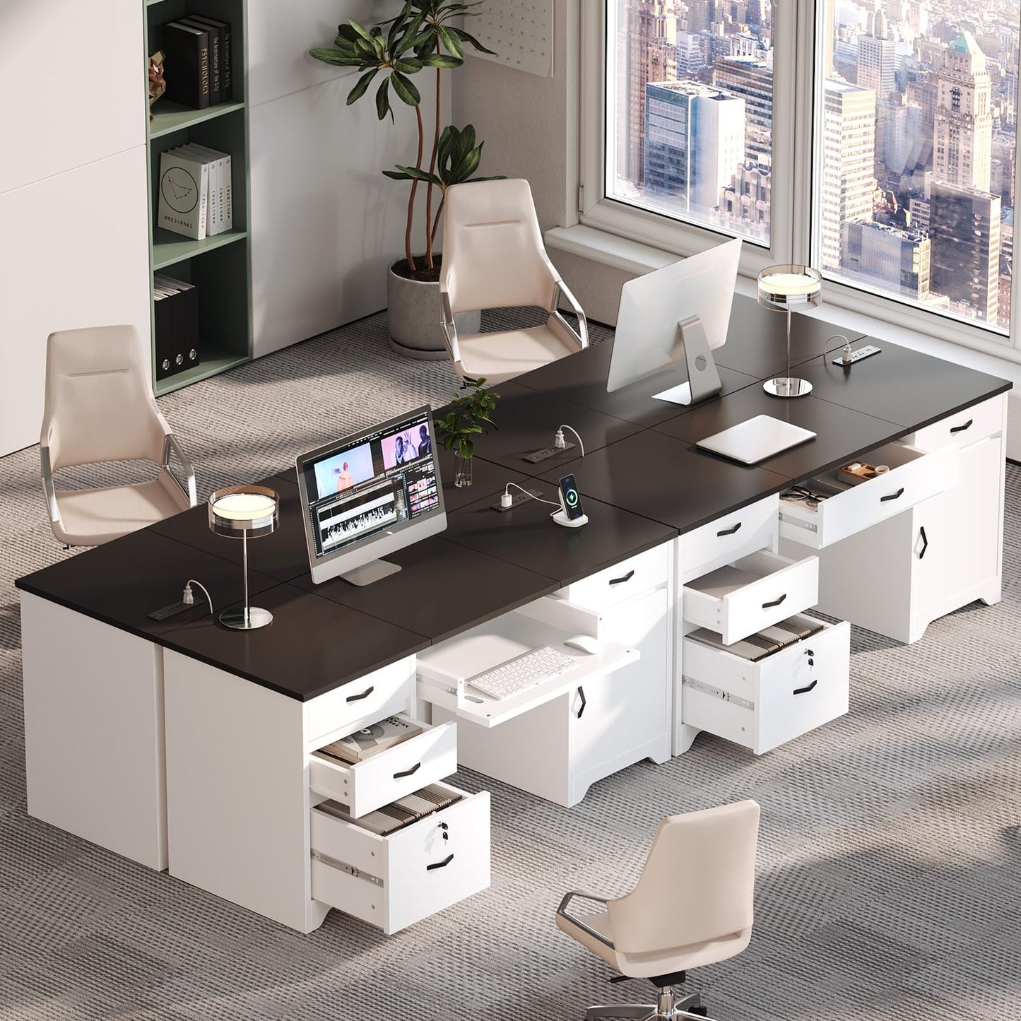 Bestier 59” Office Desk with Lockable Drawers, Modern Computer Desk with File Drawer, Charging Station & Drop-Front Keyboard Drawer, Executive Desk with Storage Cabinet for Home Office & Studio, White