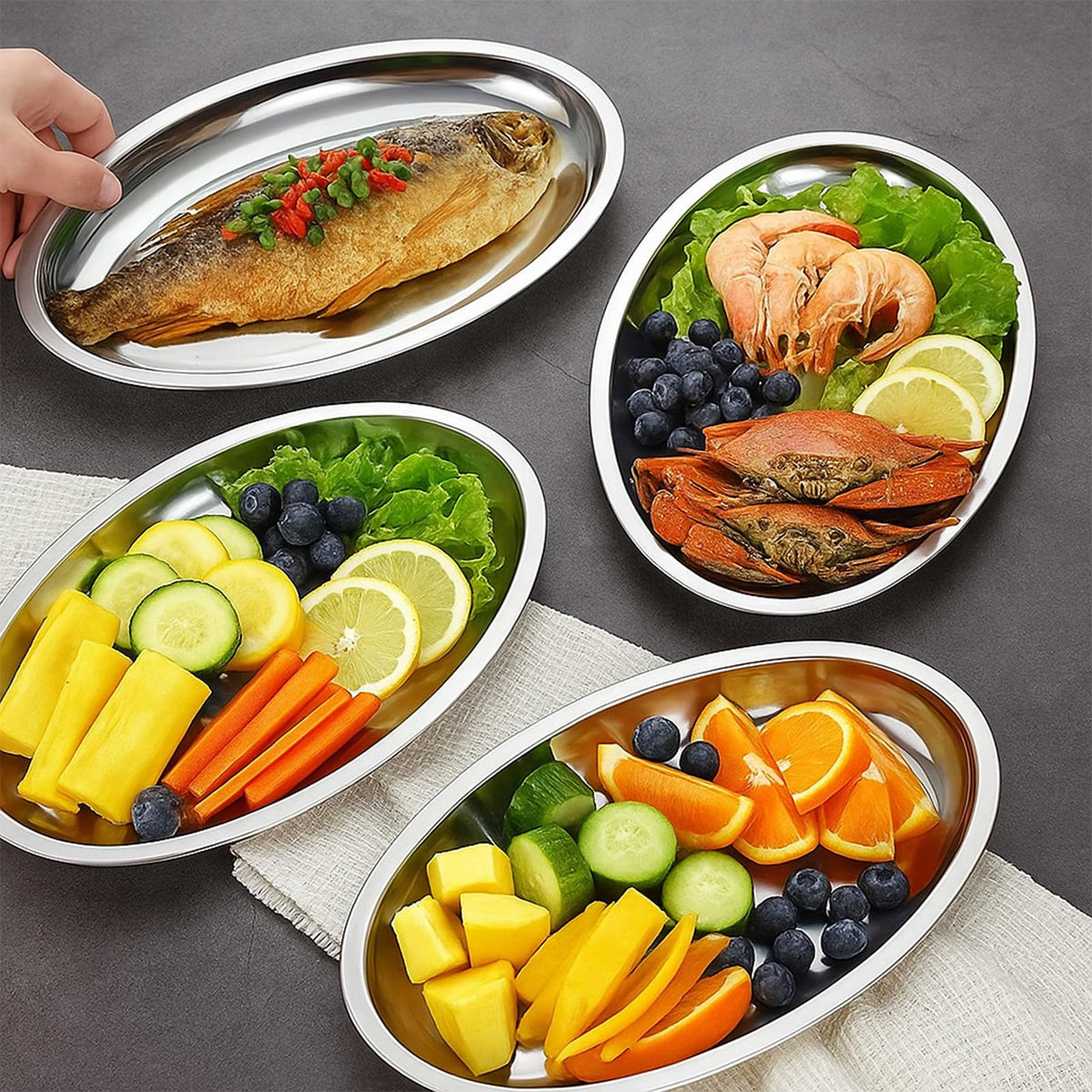 Meyeyaia 6 Pack Stainless Steel Oval Platter, Mirror Polish Large Sizzle Platter Metal Serving Tray Fish Plates, Heavy Duty Silver Tray for Steaming Fish Dessert Meat Sushi (13.7" x 8.5")