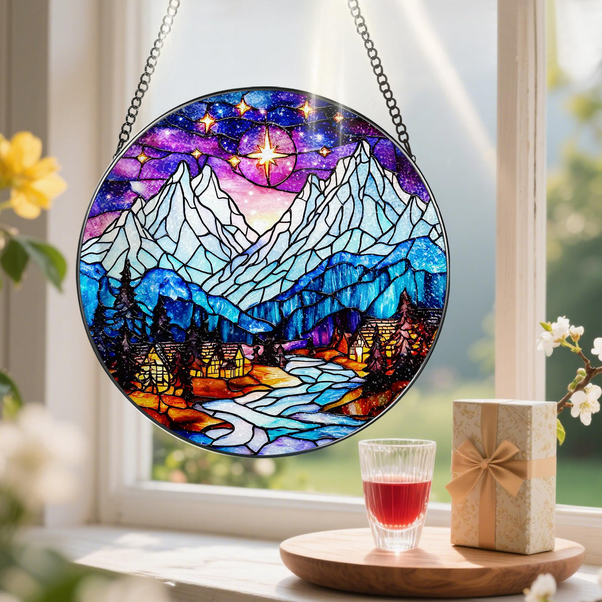 Stained Glass Window Hanging, Pauyadu 8 Inch Night Court Sun Catcher, Stained Glass Suncatcher Ornament, Suncatchers for Windows Hanging, Starlight Lover Gift, Gifts for Women, Friend, Lover