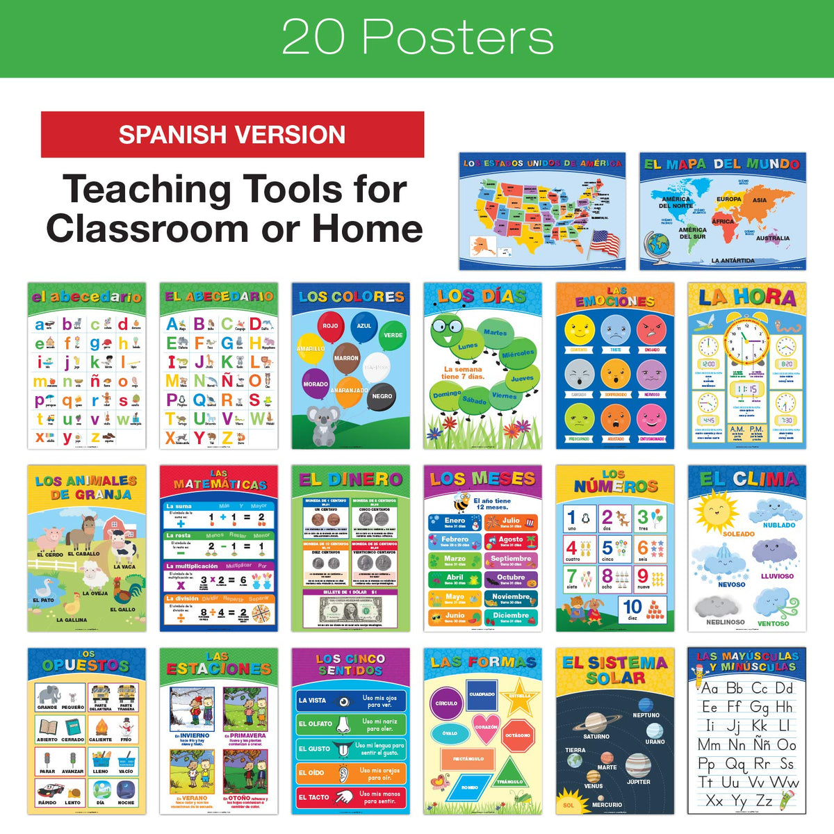Global Printed Products, 20 Extra Large Educational Poster For Kids (24x17 Double Sided English/Spanish) Alphabet Color Letter Numbers Shapes Months Days Weather Time Animals Solar System Seasons Map