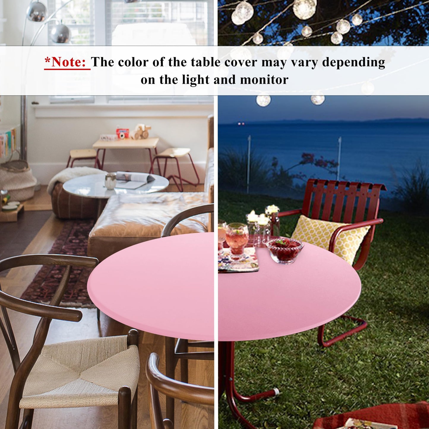 Obstal Fitted Round Table Cloth, Reversible Waterproof Stain Resistant Elastic Stretch Tablecloth, Wipe Clean Table Cover for Outdoor/Indoor Use, Fits Round Tables up to 40" - 44" Diameter, Baby Pink