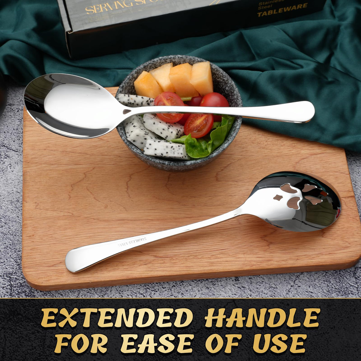 Keyoxy 4 Piece Stainless Steel Serving Spoon Set - 2 Large, 2 Slotted,Dishwasher Safe,10-Inch, for Parties/Kitchen/Buffet/Catering
