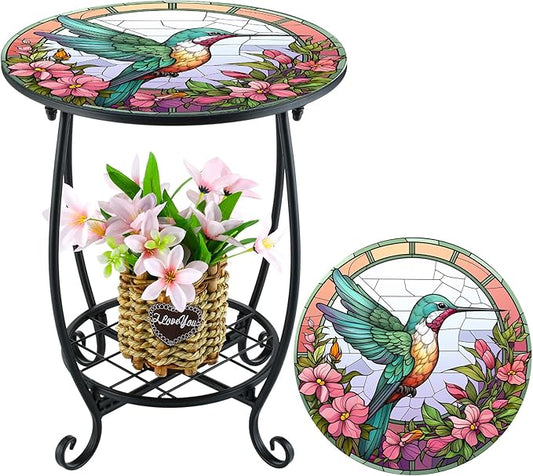 Cinnvoice Outdoor Side Table Round Small Mosaic Patio Accent Indoor End Plant