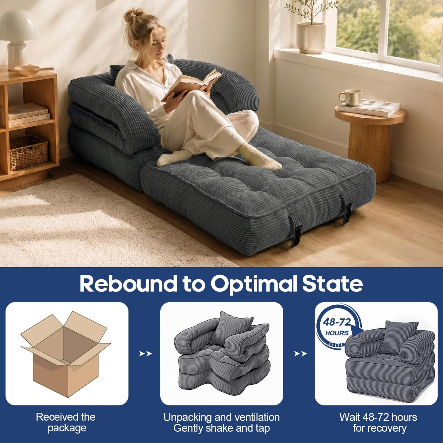 COTOSOF Folding Sofa Bed, Convertible Sleeper Chair with Armrests for Adults, Foldable Corduroy Boneless Bed, 3-in-1 Portable Futon Couch Floor Sofa with Pillow for Bedroom, Living Room, Dark Gray