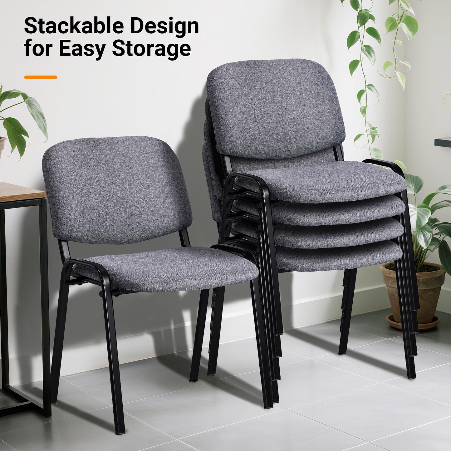 VINGLI Waiting Room Stacking Chairs, 5-Pack Fabric Church Conference Stackable Chair Set, for Office Guest & Reception Meeting Rooms, Lobby, Simple&Space-Saving, Fabric-Grey