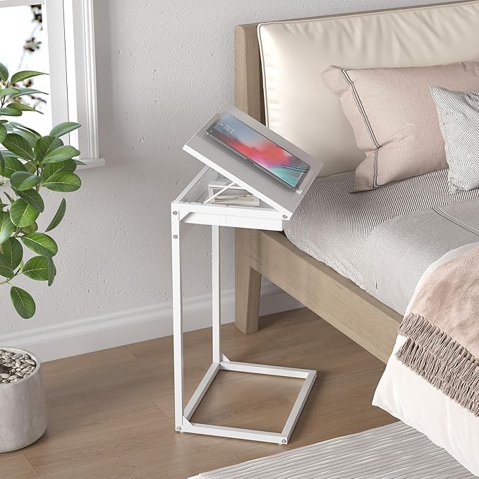 sthmec C Shaped End Table with Charging Station, 45° Tiltable Adjustable Flip