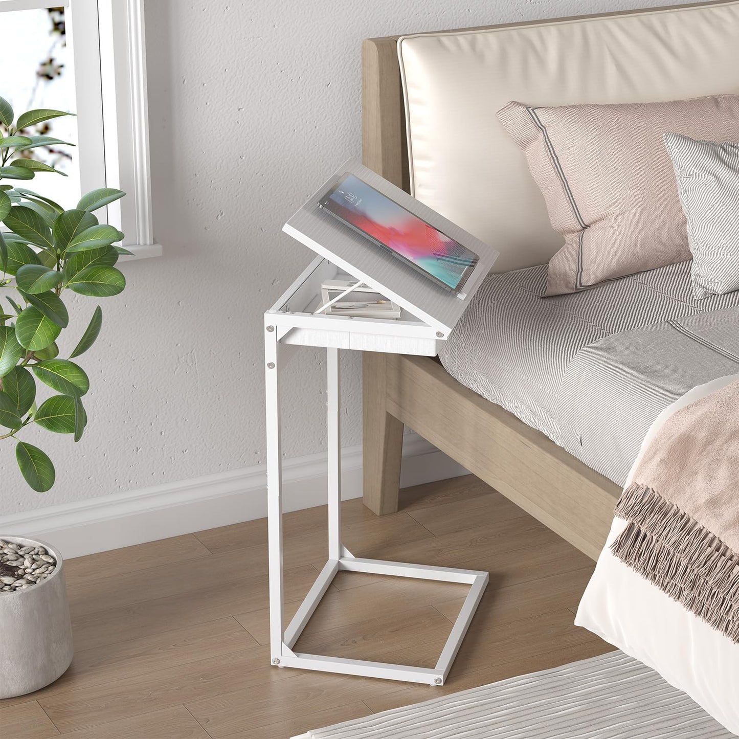 sthmec C Shaped End Table with Charging Station,45° Tiltable Adjustable Flip Top Side Table Set of 2,Small C Table Set 2 for Small Spaces,Slide Under Couch Sofa Bedside Table Living Room,White