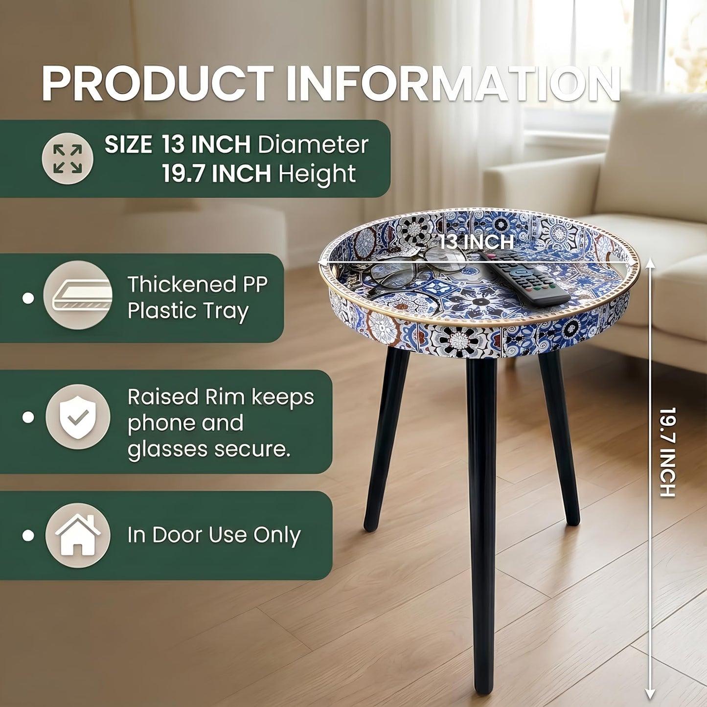 Zosenley Round Indoor Side Tables with Detachable Wooden 3 Legs, Versatile Tray Table, Perfect for Round Coffee Table Tea, and Relaxation Time 17.7 Inch (33 Bohemian)