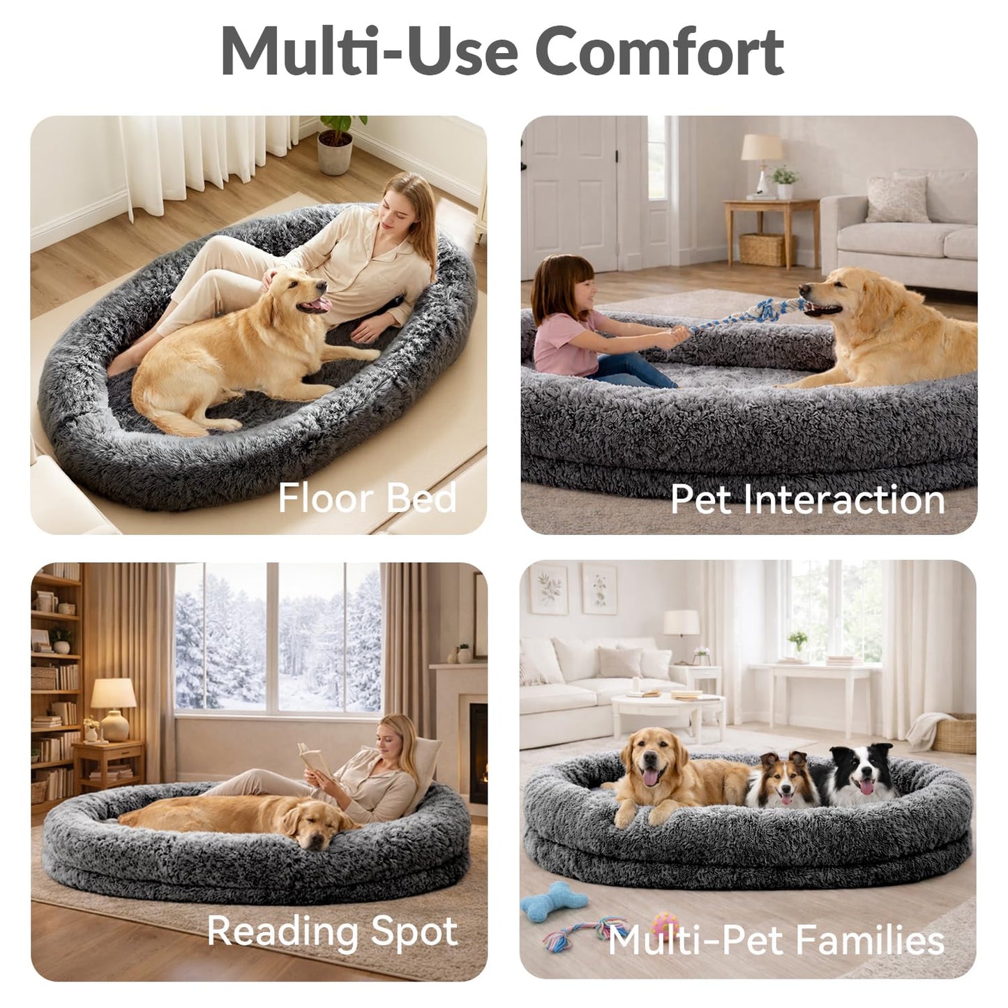 XL Human Dog Bed 71"x 44"x 12.5" Cozy Giant Floor Bed for Adults, Soft Faux Fur Human Sized Dog Bed with Washable Removable Cover, Side Pocket & Blanket, Black Grey