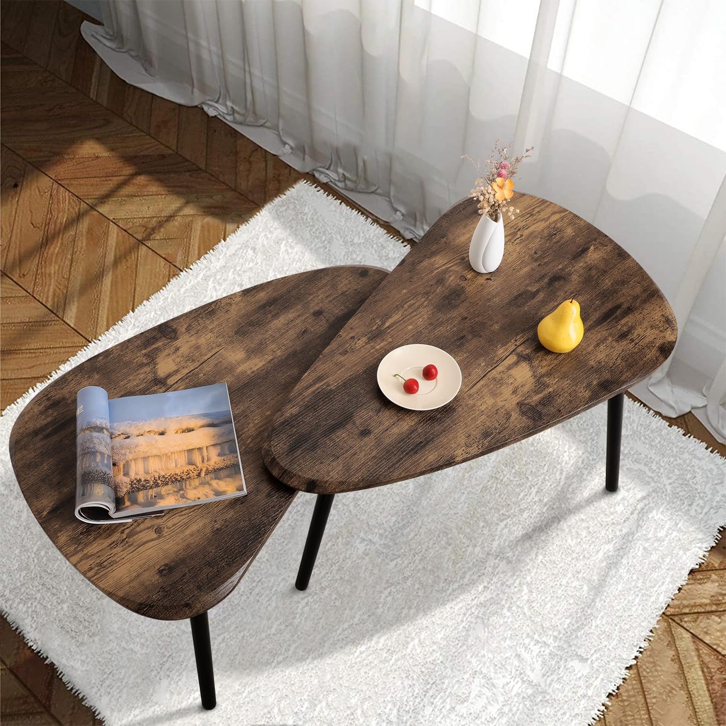 WDSHIYI Nesting Coffee Tables, Nested Table with Wooden Legs Set of 2 - Triangle Side Table for Living Room, Bedroom, Minimalist Bamboo, Apartment & Small Spaces, Tiger