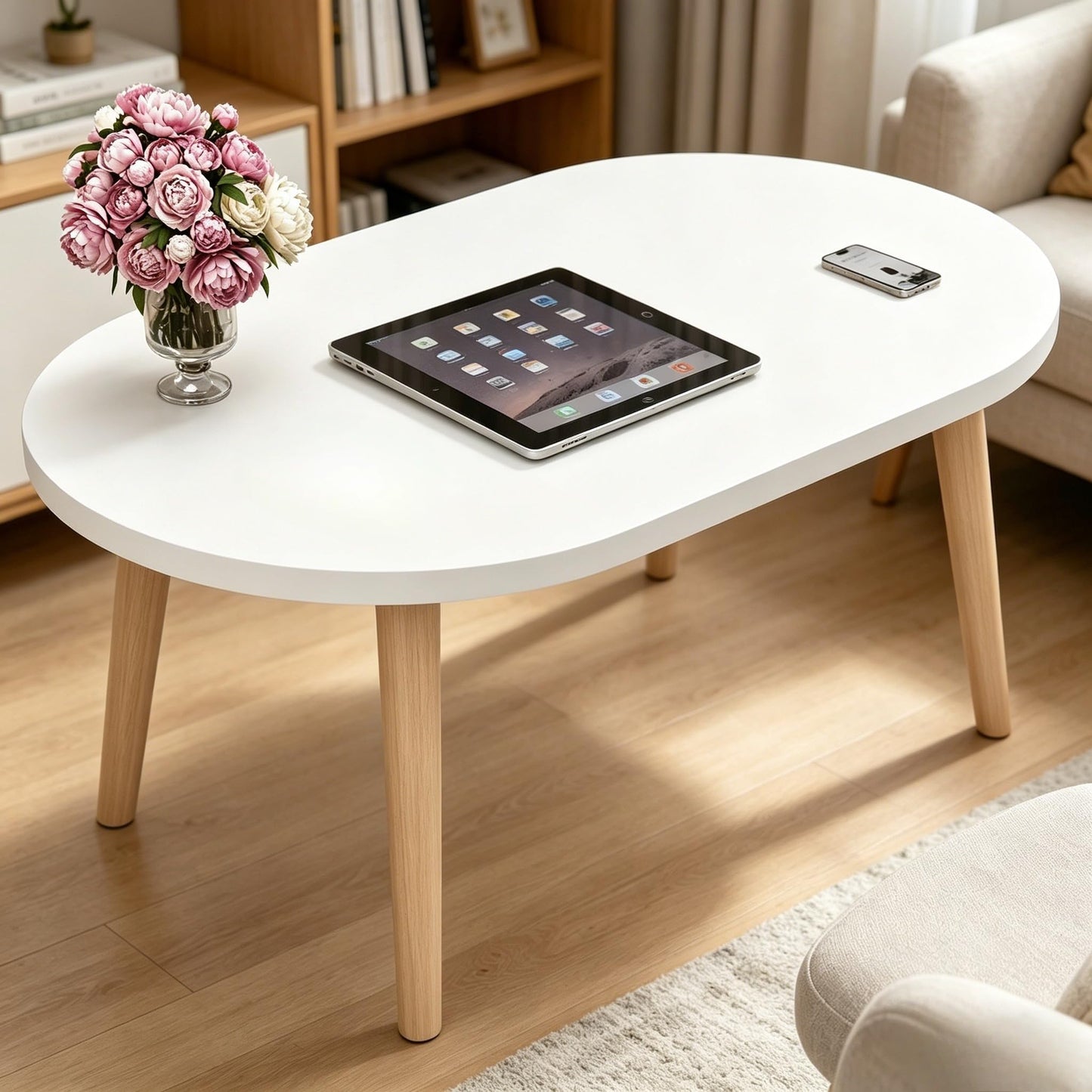 FAMIDGE Coffee Table, 23.6" Small Oval Coffee Tables for Small Space with 4 Solid Wood Leg, Floor Table Desk for Sitting on The Floor, Side Table Japanese Low Table for Living Room Apartment, White