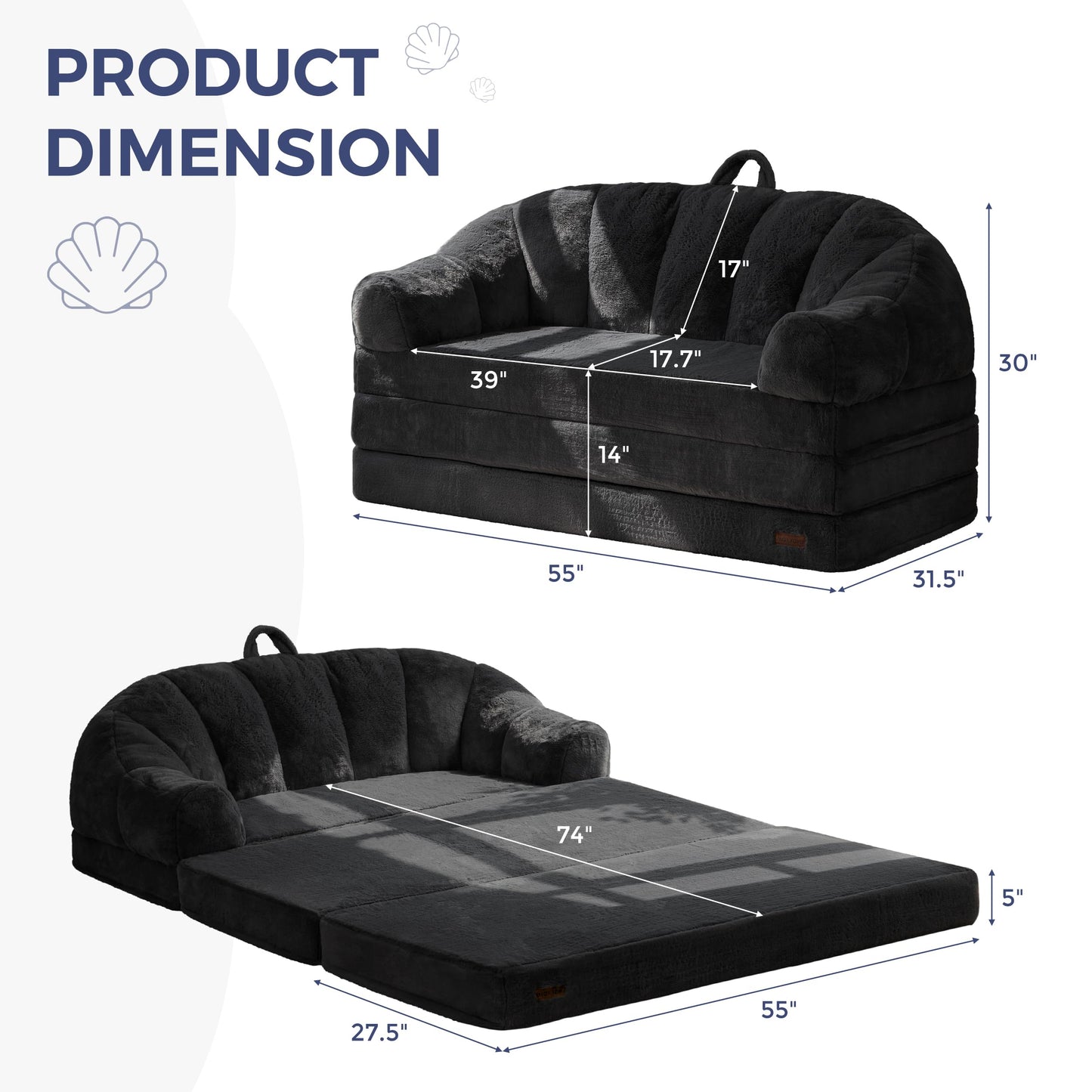 MAXYOYO Folding Sofa Bed, 2 in 1 Convertible Sofa to Lounger Comfy Loveseat Bean Bag Chair for Adults, Floor Couch with Handle, Faux Fur Couch Bed for Living Room Bedroom, Black, Loveseat