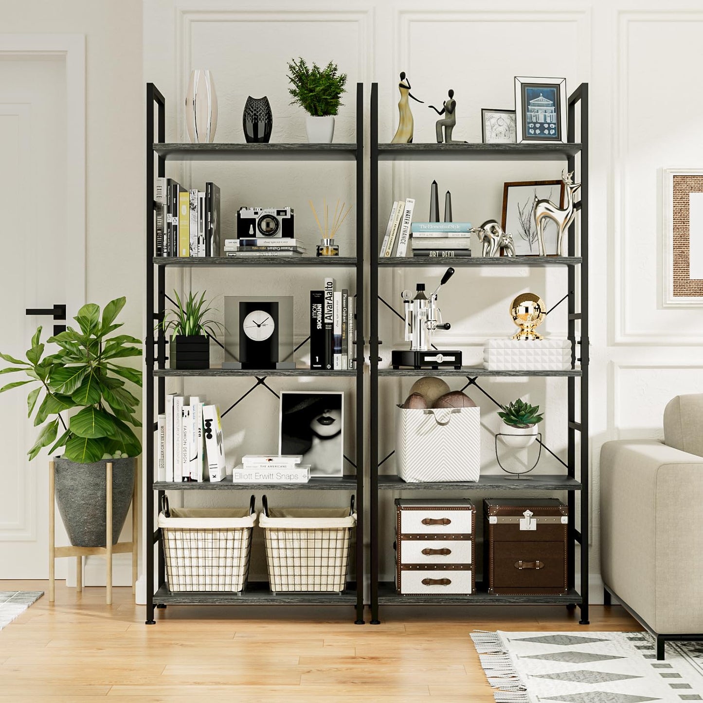 NUMENN 5 Tier Bookshelf, Tall Bookcase Shelf Storage Organizer, Modern Book Shelf for Bedroom, Living Room and Home Office, Dark Grey