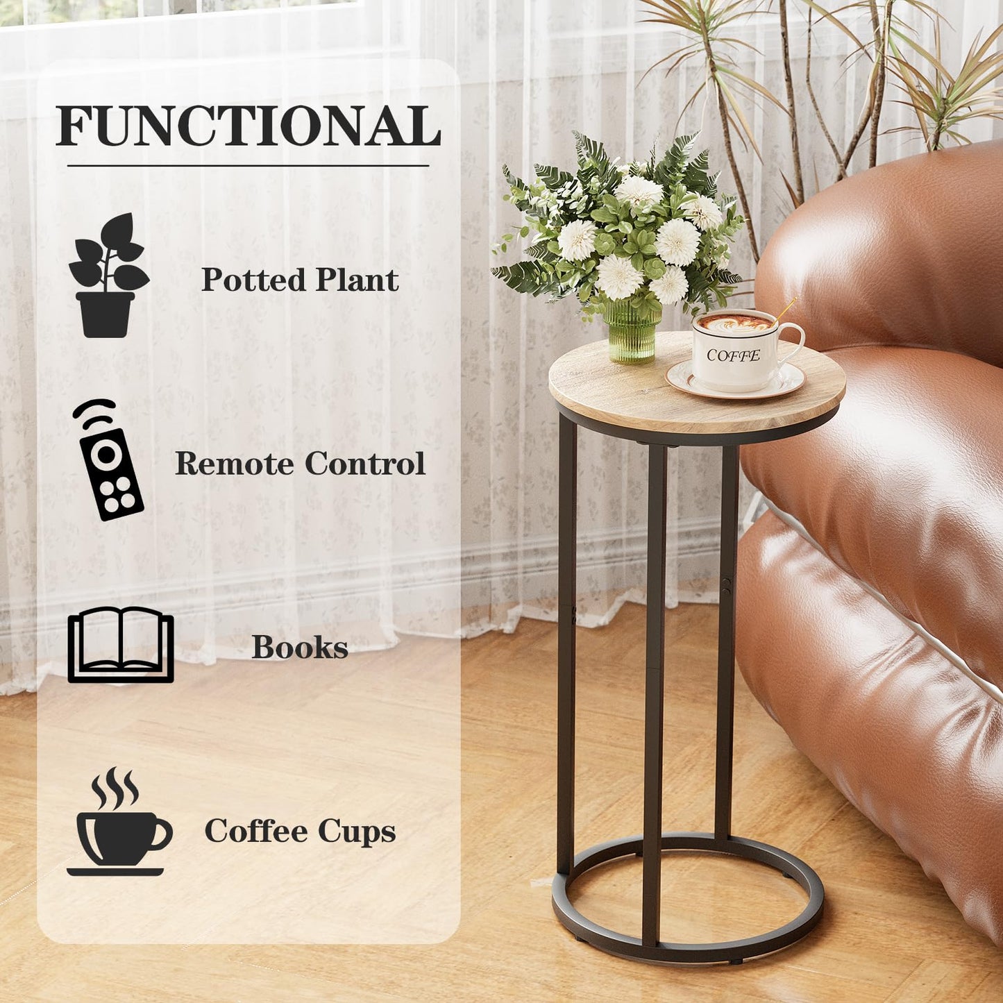 Katrawu C Shaped end Table, Round Side Table for Couch, Small Snack Sofa Table with Metal Frame for TV Tray, Bedroom, Living Room, Bedside (Oak)