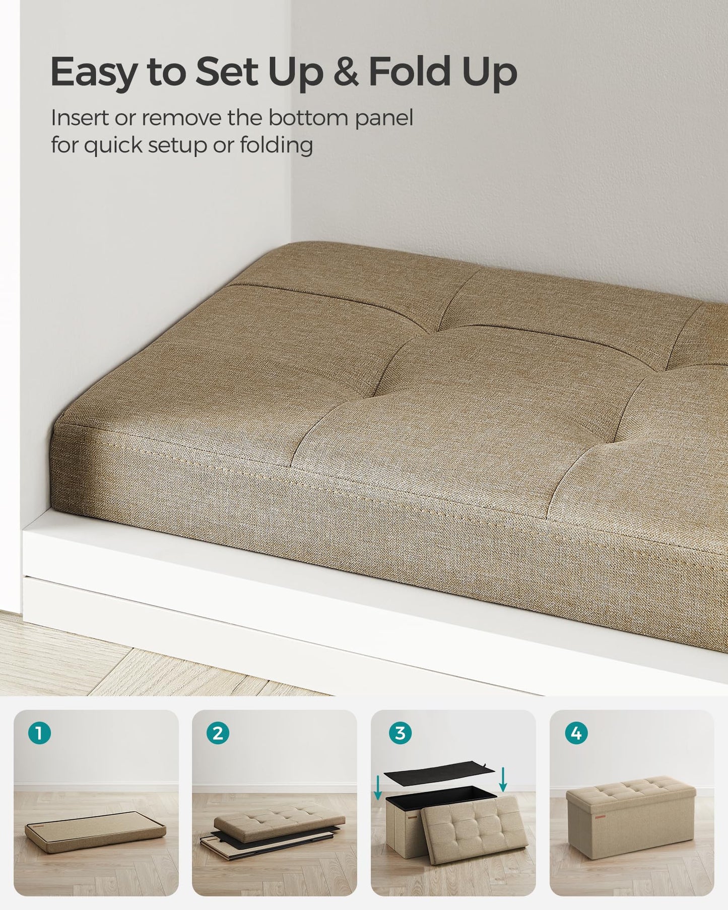SONGMICS Mazie Collection - 30 Inches Folding Storage Ottoman Bench, Ottoman Foot Rest, End of Bed Bench, Storage Chest, Load 660 lb, for Living Room, Bedroom, Entryway, Camel Brown ULSF047R01