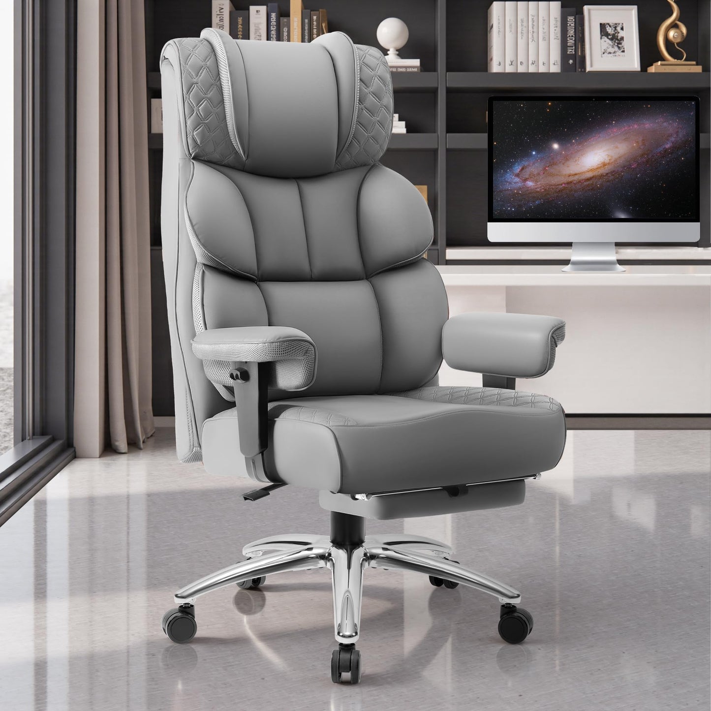 BestGlory Office Desk Chair, Big and Tall Leather Gaming Chair with Footrest, Wide Ergonomic Comfy Executive High-Back Reclining Computer Chairs, Swivel Rolling Wheels and Padded Lumbar Support, Gray