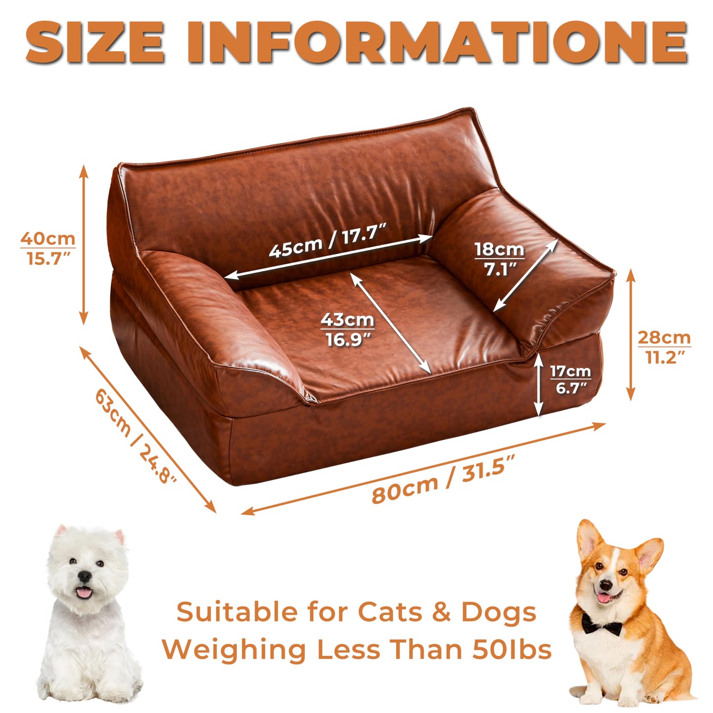 ATJafurn Dog Couch Bed Leather Cat Sofa for Small and Medium Pets Under 50 lbs, Brown Mid Century Modern Elevated Dog Sofa Chair Luxurious Indoor Furniture Style Pet Supplies for Puppy