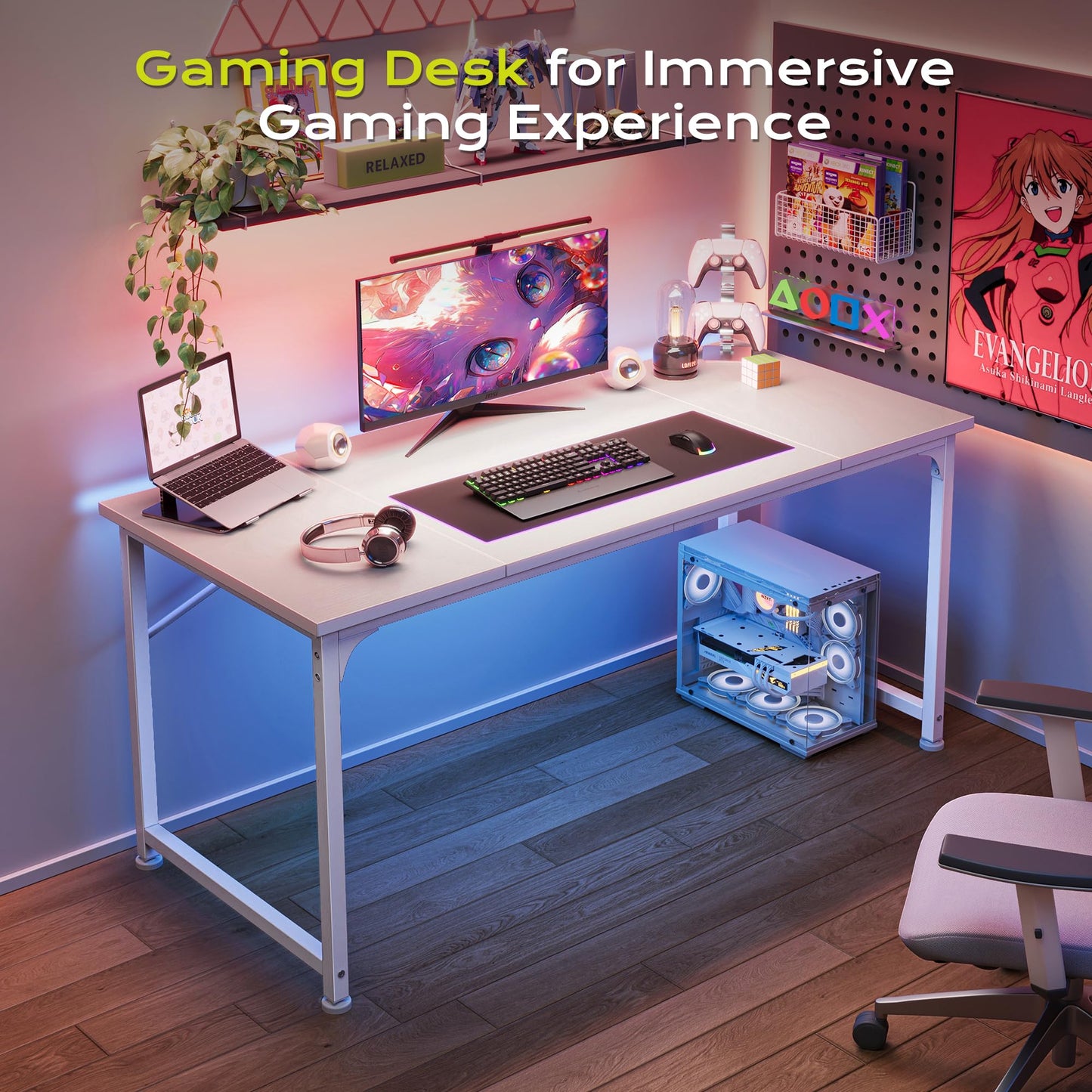 PRAISUN 47 Inch Computer Desk, Home Office Desk with Spacious Desktop, Modern Gaming Desk, Writing Study Table for Bedroom, Small Spaces, Work from Home Desk with Metal Frame, White