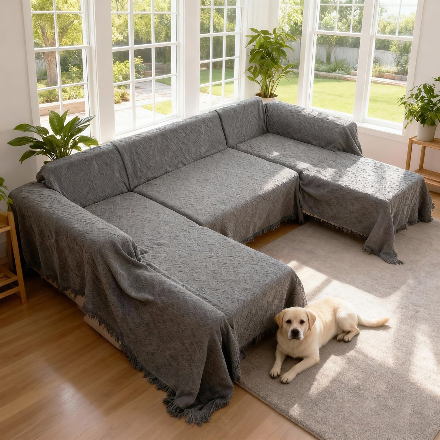 VANITURE Sectional Couch Covers U Shape, 3 Pieces Sofa Cover for Sectional Sofa, Washable U Shaped Couch Cover Blanket with Chaise Lounge for Dogs - Dark Gray (2PC 110"x63" + 1PC 90"x71")