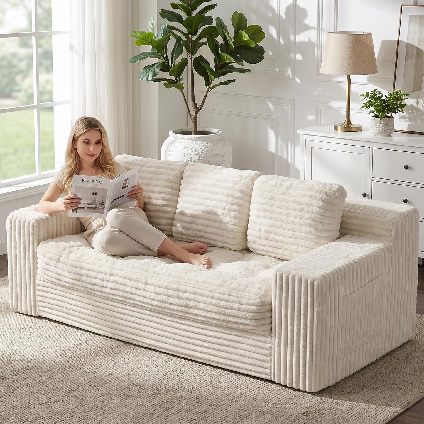 NLDD Boneless Couch, Cloud Loveseat Sofa Corduroy Couch in a Box, Upholstered Boneless 3 Seater Couch for Living Room Bedroom Office Apartment, No Assembly Required, Beige