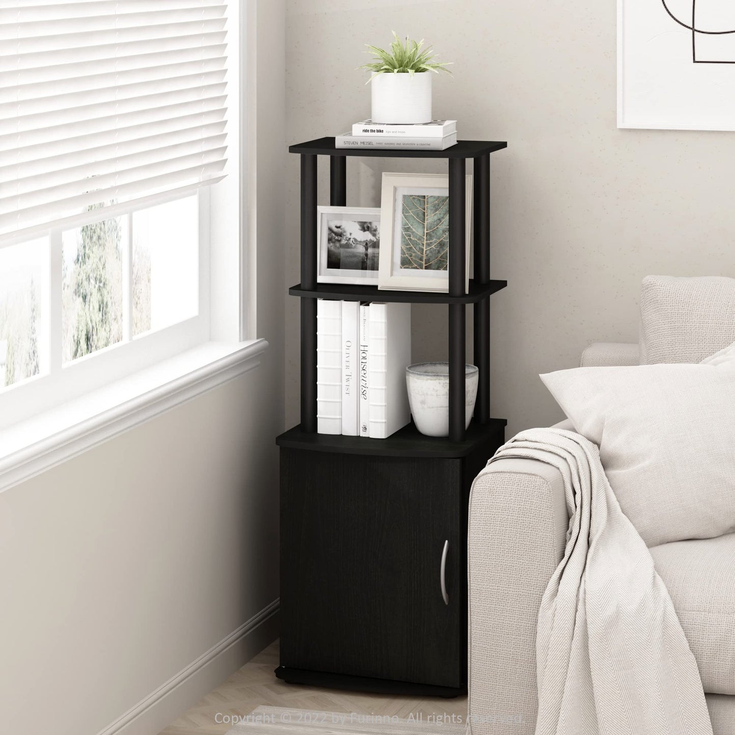 Furinno Turn-N-Tube Tall TV Entertainment Side Table Display Rack with Storage Cabinet, 2-Tier, Blackwood/Black