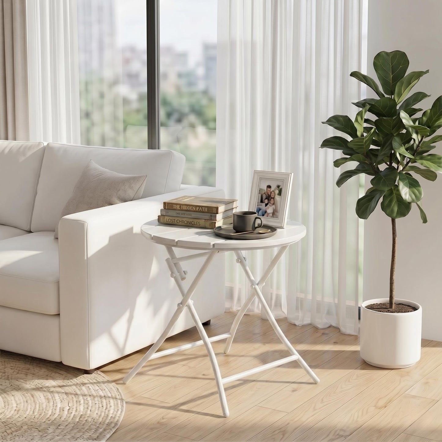 TeoKJ Folding Small Outdoor Side Tables, HDPS Patio Table with Metal Legs, Outdoor Small Round Table for Garden,Deck, No Assembly Patio Table Round Nightstand for Porch Yard Balcony Deck Lawn, White
