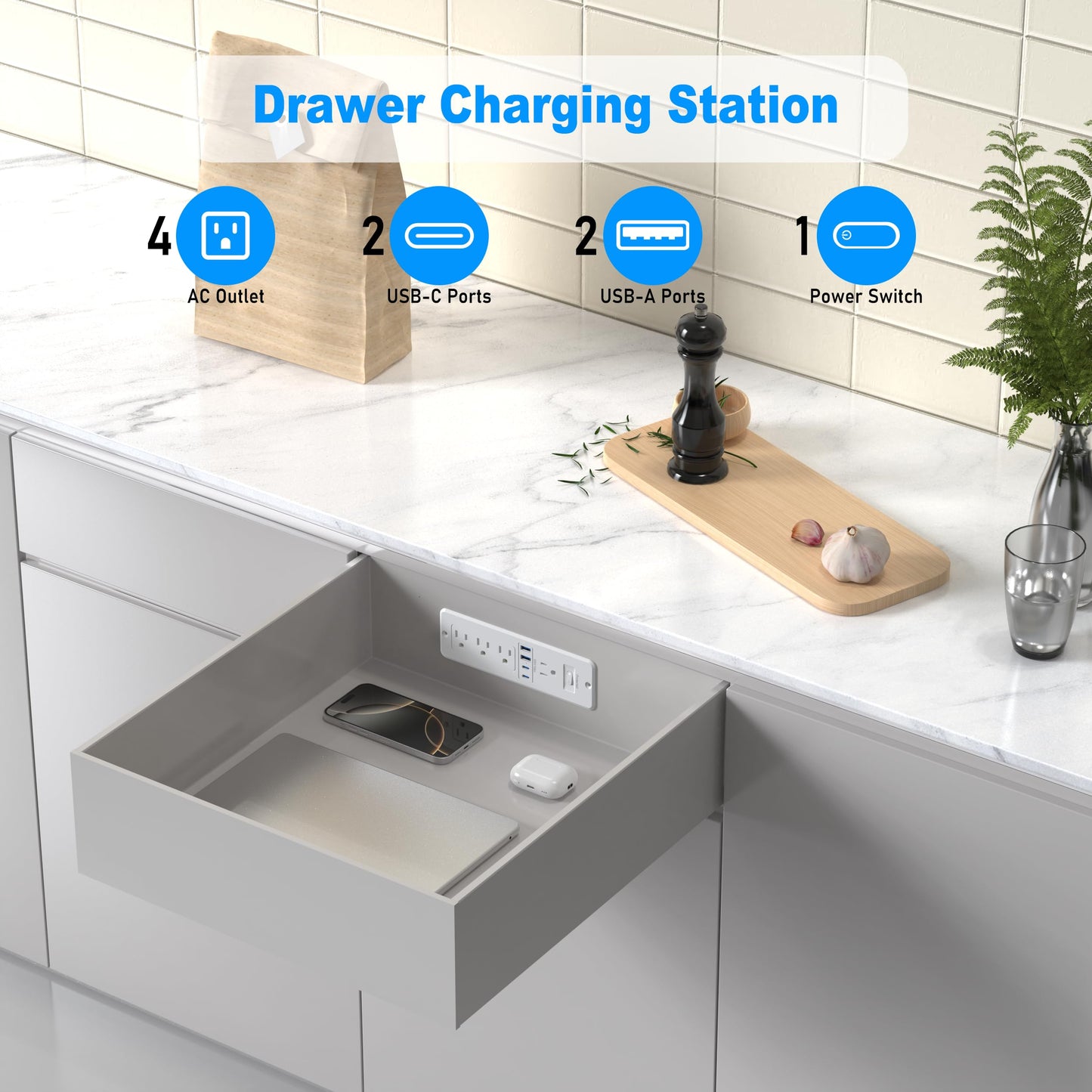 Furniture Drawer Outlet Kit, 65W USB C Recessed Power Strip with 4 Outlets & 4 USB Ports,Hidden Charging Station for Home Office 6 FT White Cord