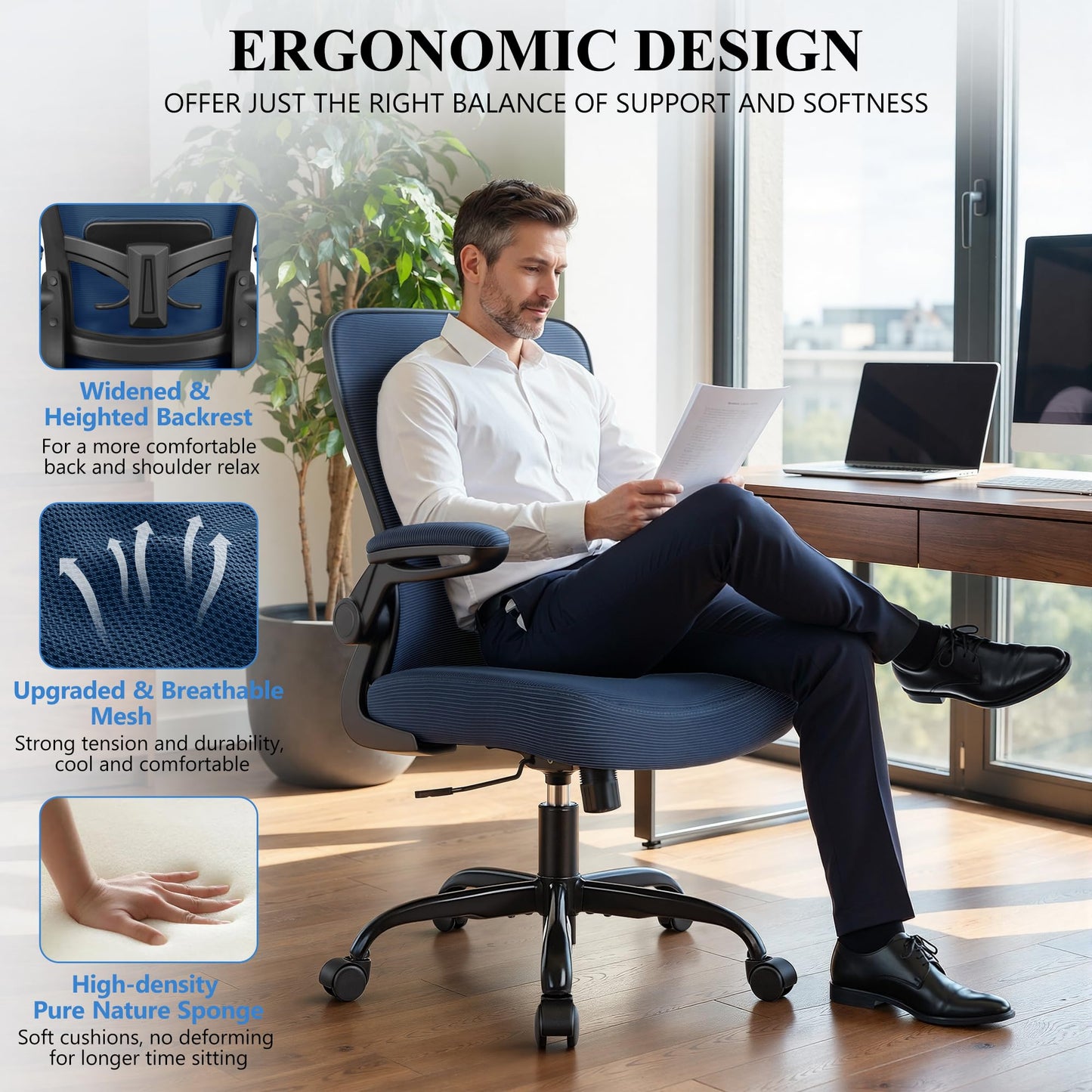 FelixKing Office Chair, Ergonomic Desk Chair Breathable Mesh Chairs Adjustable High Back Lumbar Support Flip-up Armrests, Executive Rolling Swivel Comfy Computer Chairs Home Office Navy
