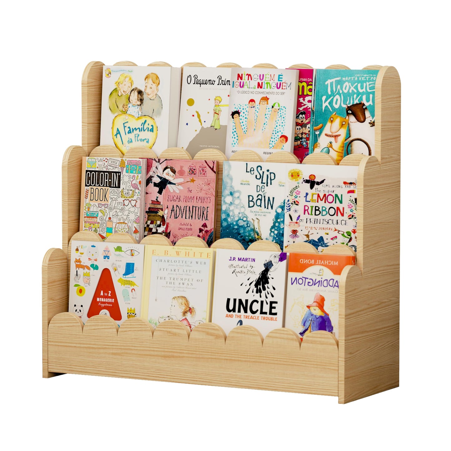 HADAMUYE 3-Tier Kids Bookshelf, Scalloped Montessori Bookshelf for Toddler and Baby, Small Childrens Bookcase, Solid Wood Book Shelf for Kids Room, Nursey, Playroom and Classroom, Natural