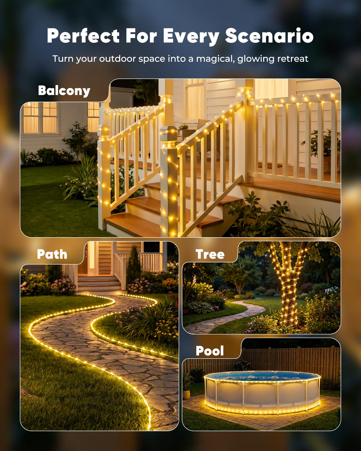 Brightown Solar Rope Lights, 39FT 100LED Outdoor Solar String Lights, IP65 Waterproof Solar Powered Fairy Lights with 8 Lighting Modes for Party Garden Patio Pool Backyard Tree Decoration, Warm White