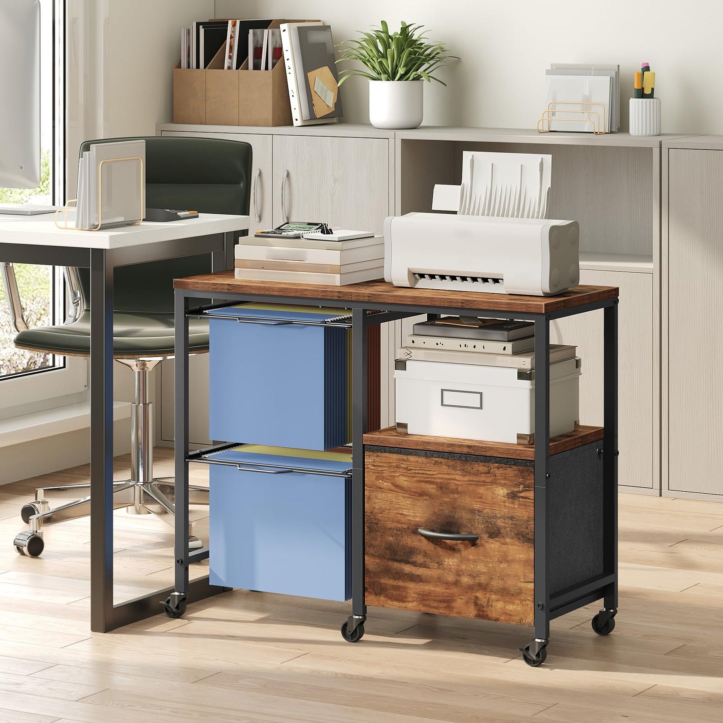 MAHANCRIS File Cart，Lateral File Organizer with Fabric Drawer & Hanging File Holders, Mobile File Organizer for Home Office, Printer Stand with Wheels & Adjustable Feet, Rustic Brown FCHR6001