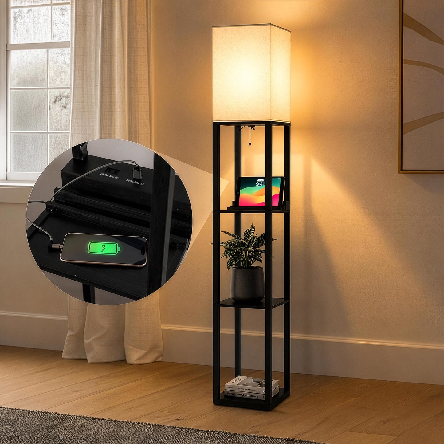 Brightech Maxwell Charger - Modern Shelf Floor Lamp with USB Charging Ports & Electric Outlet - Corner Display Floor Lamps with Shelves for Living Room, Bedroom and Office - Black