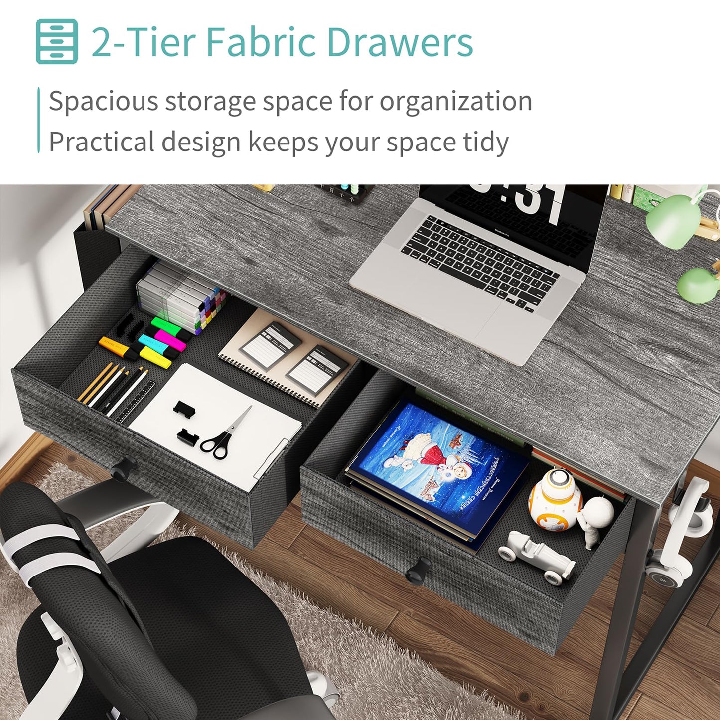 Lufeiya Small Desk with Drawers - for Bedroom, 32 Inch Home Office Computer Desk with Fabric Storage Drawer and Bag, Study Writing Table for Small Spaces, Gray