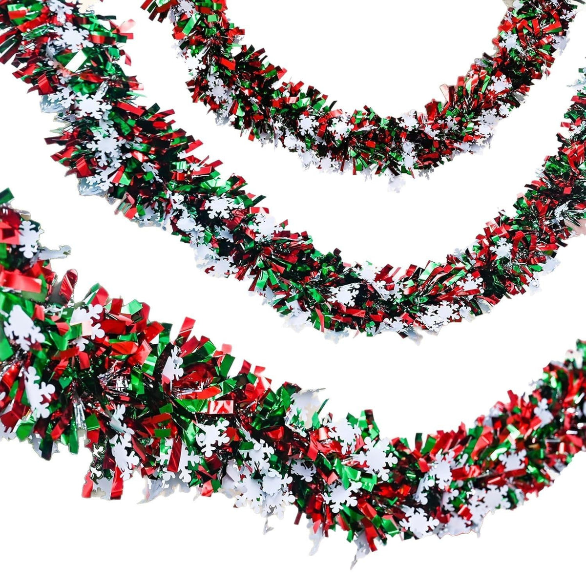 32.8Ft Christmas Snowflake Tinsel Garland, Red Silver Green with Snow Flake Chunky Glittery Holiday Hanging Tinsel Decorations for Christmas Tree (394, Inches, Christmas Snowflake Tinsel Garland)