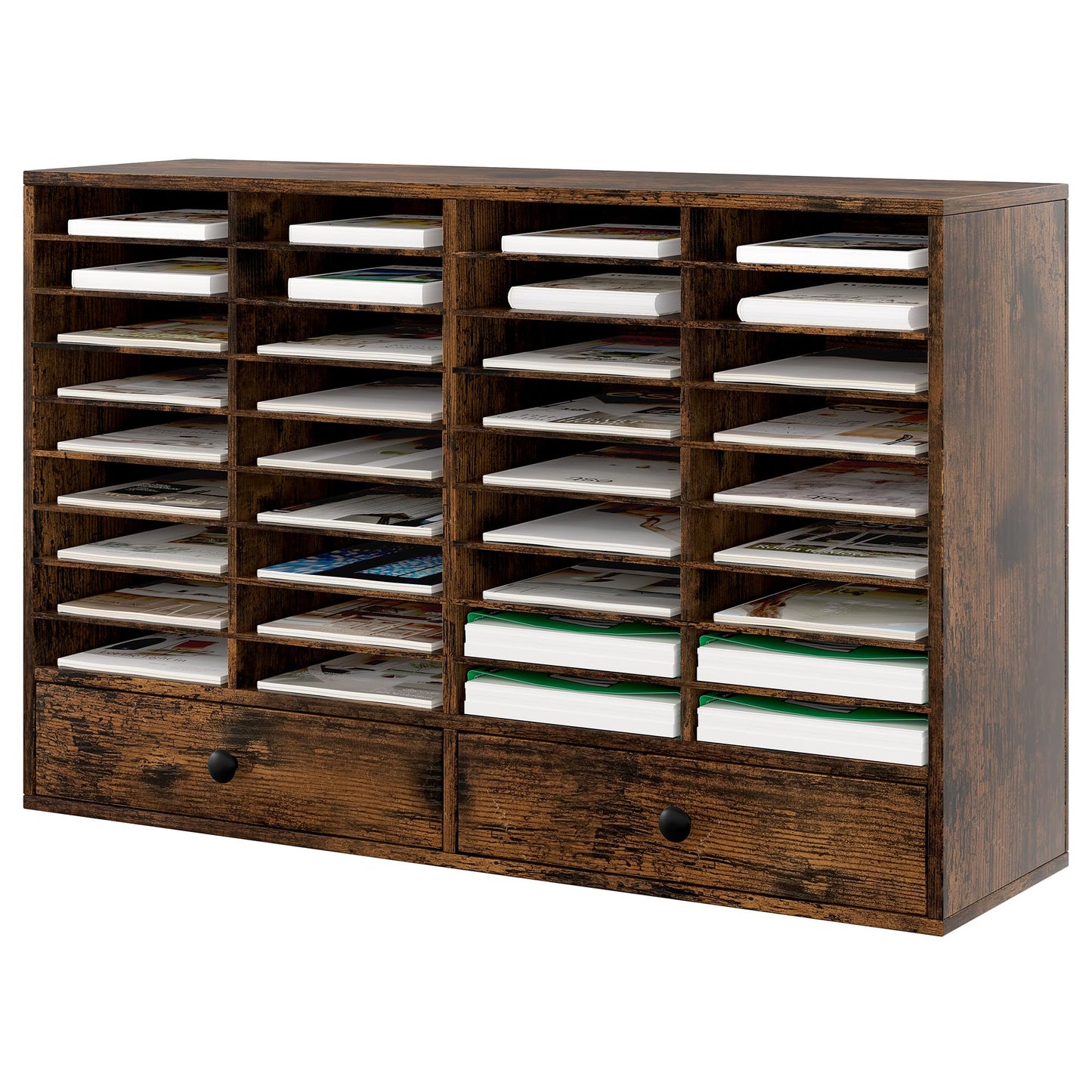 TQAVI Wood Classroom Mailbox 36 Compartments with 2 Drawer, Large Paper Organizer with Adjustable Shelves to Sorting Literature Bill, A4 Size File Organizer for Office School Home, Antique Brown