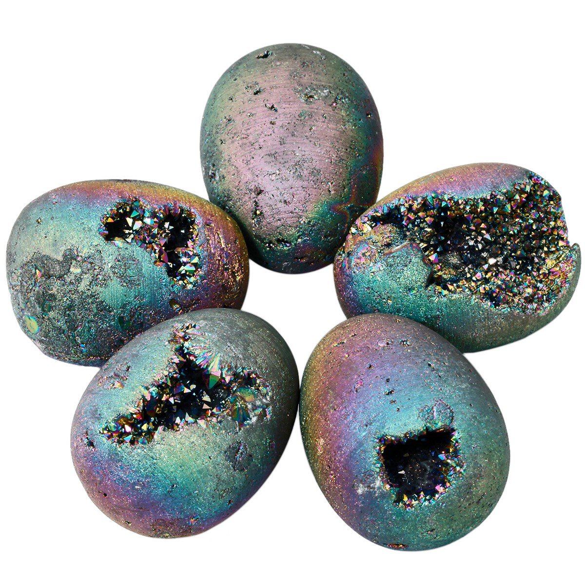 Rockcloud Natural Titanium Coated Druzy Agate Geode Colorful Flame Aura Egg Shape Decoration with Wood Stand