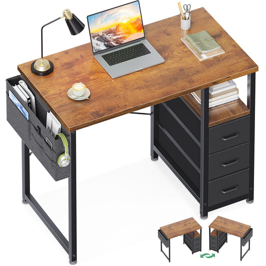 AODK 32 Inch Small Computer Desk with Fabric Drawers, Kids Study Desk for Bedroom, Home Office Desk with Storage Shelf & Bag for Small Space, Vintage