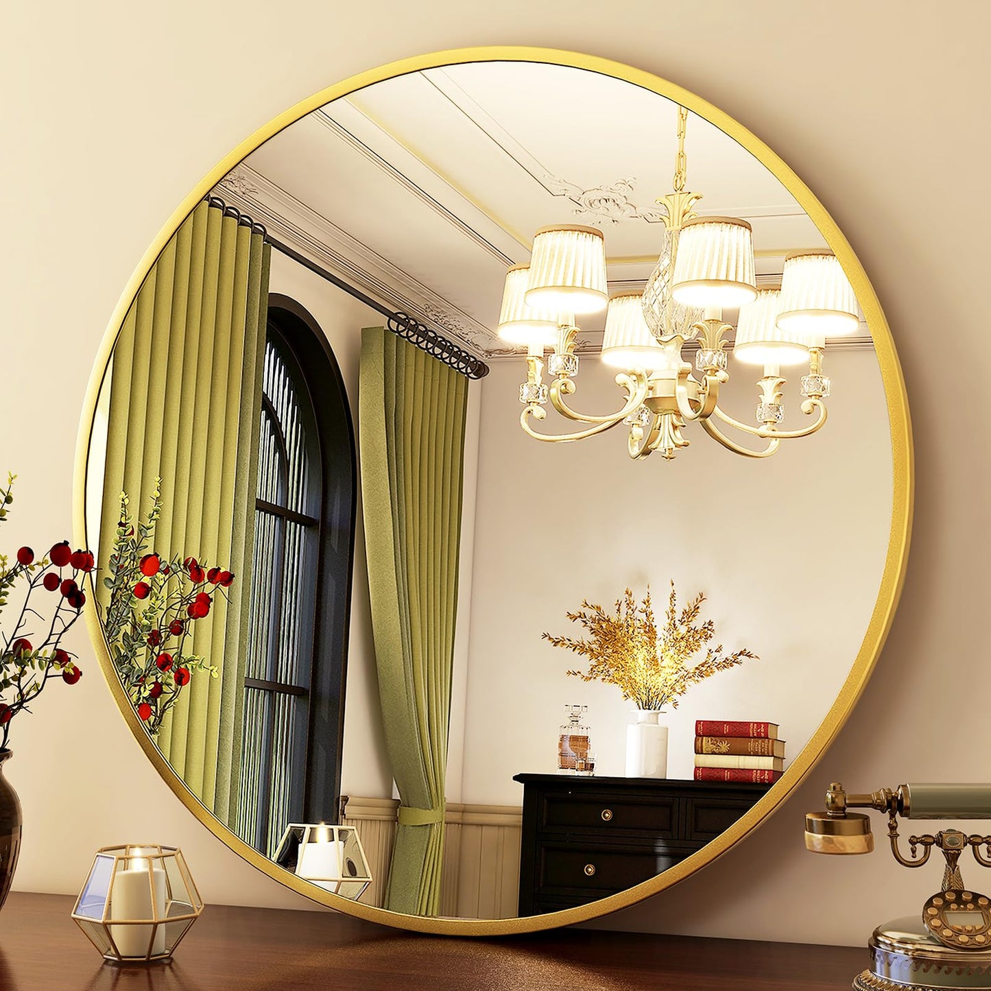 HARRITPURE 24 Inch Round Mirror, Gold Circle Bathroom Mirror, Modern Aluminum Alloy Frame Wall Mounted Vanity Mirror for Living Room, Bedroom, Entryway