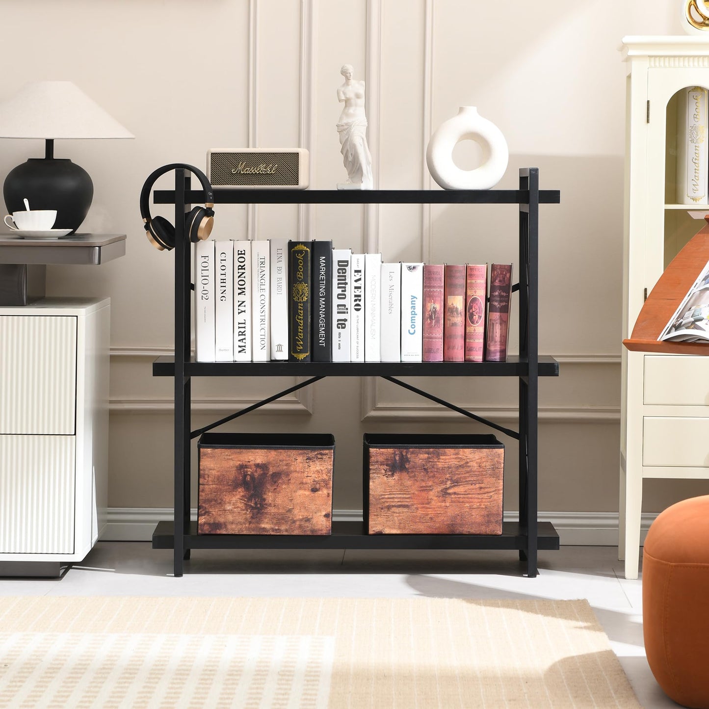 HCHQHS Bookshelf, 3-Tier Industrial Bookcase, Black Open Book Shelf, Freestanding Horizontal Bookshelves with Metal Frame