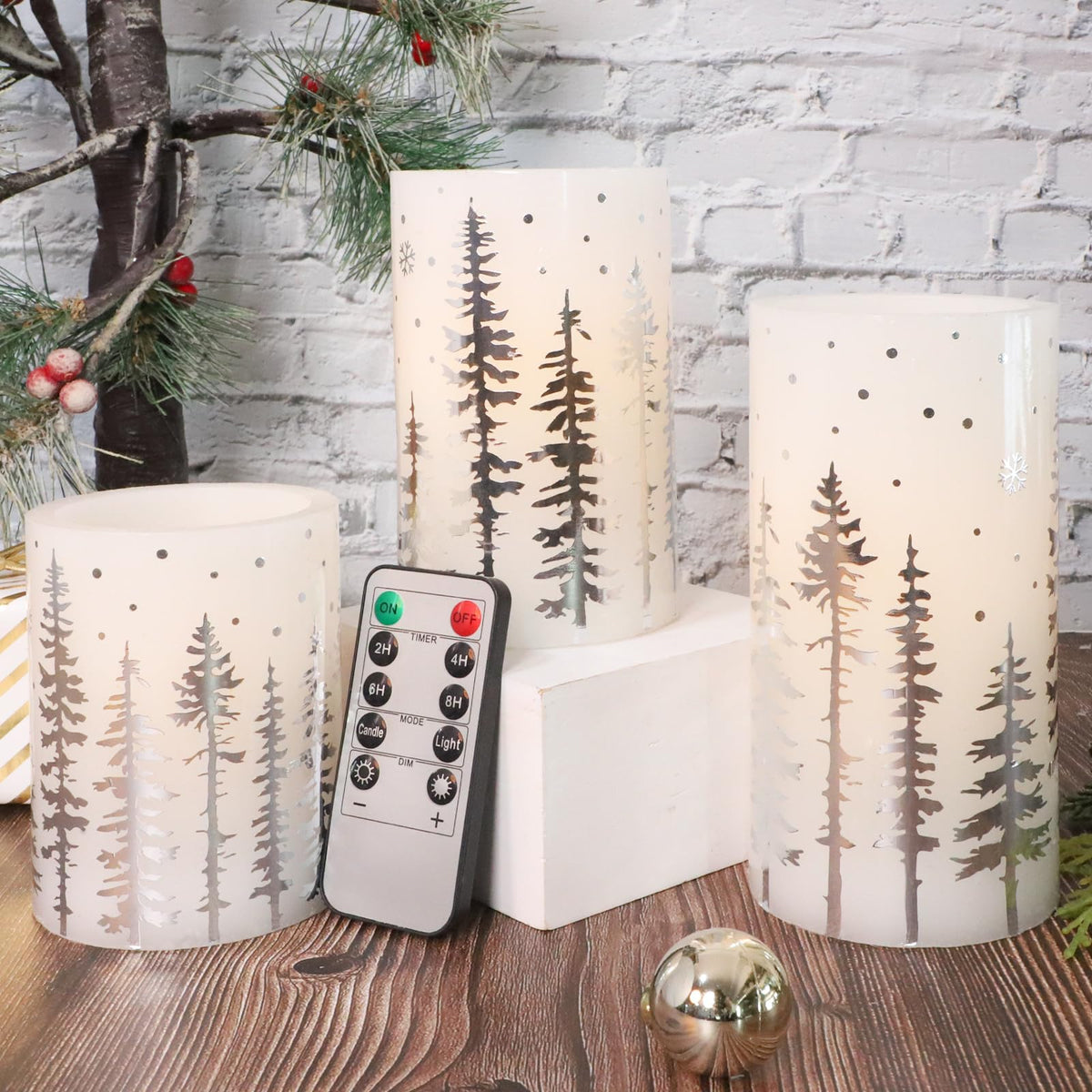 Crystal Club Christmas Flameless Candles, Holiday LED Candles Battery Operated with Remote and Timer, Realistic Flickering Candles with Silver Xmas Tree Decal for Festival & Home Party Decor